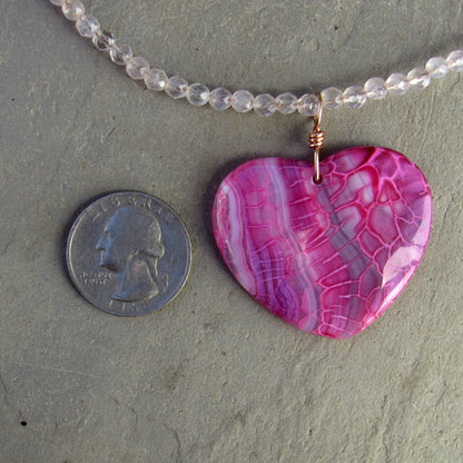 Hand Wrapped Pink Dragon’s Vein Agate Gemstone on Rose Quartz with 14 Kt Rose Gf Clasp