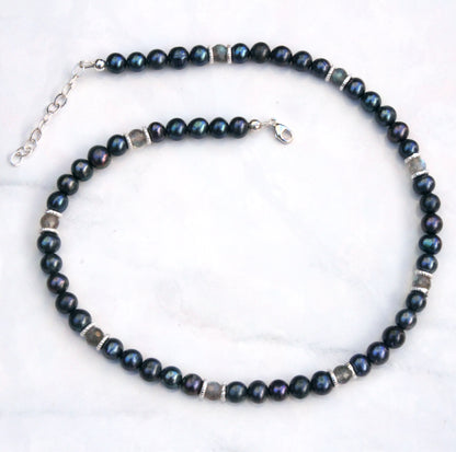 Natural Freshwater Black & Blue Pearls, Labradorite gemstones, and Sterling Silver Choker