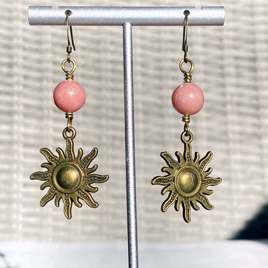 Brass Sun and Rhodonite gemstone Dangle Earrings