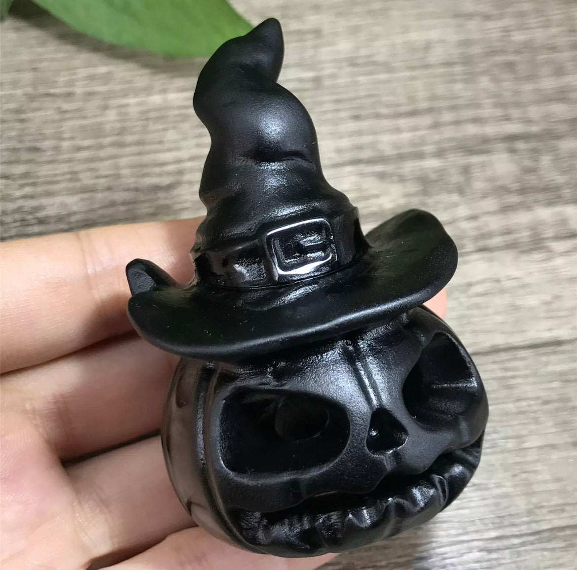Black Obsidian gemstone carved Hallowee Pumpkin Witch