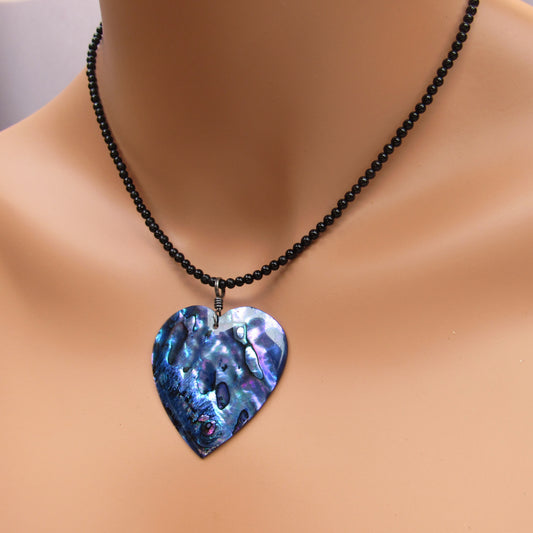 Abalone Shell Heart Pendant on Onyx beaded Necklace