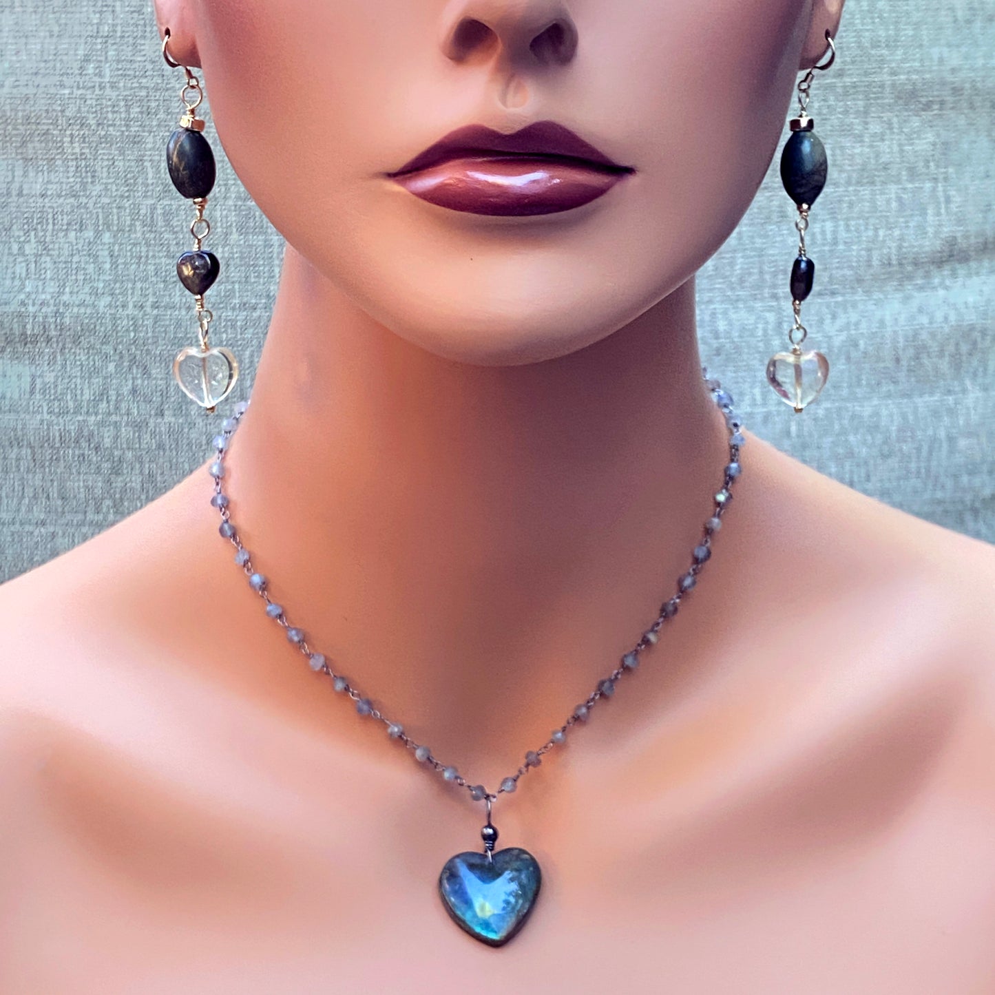 Blue Fire Labradorite Heart Pendant on Labradorite Wrapped Sterling Silver Chain
