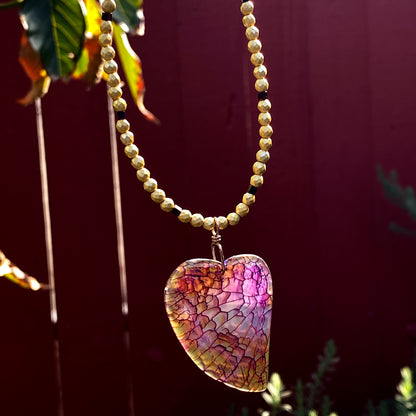 Dragon’s Vein Heart Pendant on Gold & Purple Hematite and 14 Kt GF Clasp