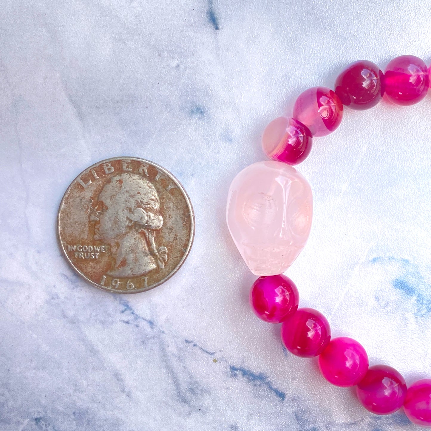 Pink Banded Agate and Rose Quartz Skull Bracelet