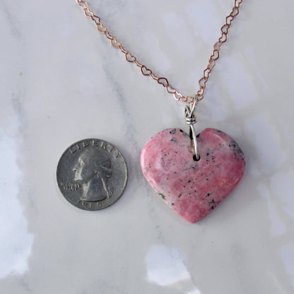 Rhodonite Heart w/ Hand Wrapped Sterling Silver, Rose Gold Fill over Sterling Silver Heart Chain