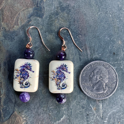 Painted seahorse stone and amethyst gemstone 14 kt rose GF drop earrings