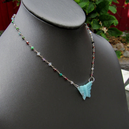 Amazonite gemstone Butterfly on Wrapped Sterling Silver and Mixed gemstones Choker