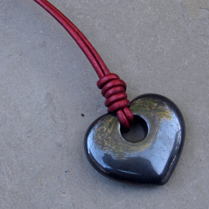Hematite heart Hand Knotted on Metallic Red Leather With Sterling Silver Clasp
