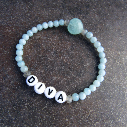 Aquamarine Gemstone and Labradorite “DIVA” Stretch Bracelet