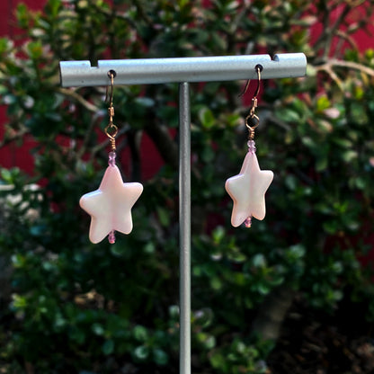 Mother of pearl star and pink topaz with 14 kt rose gold filled drop earrings