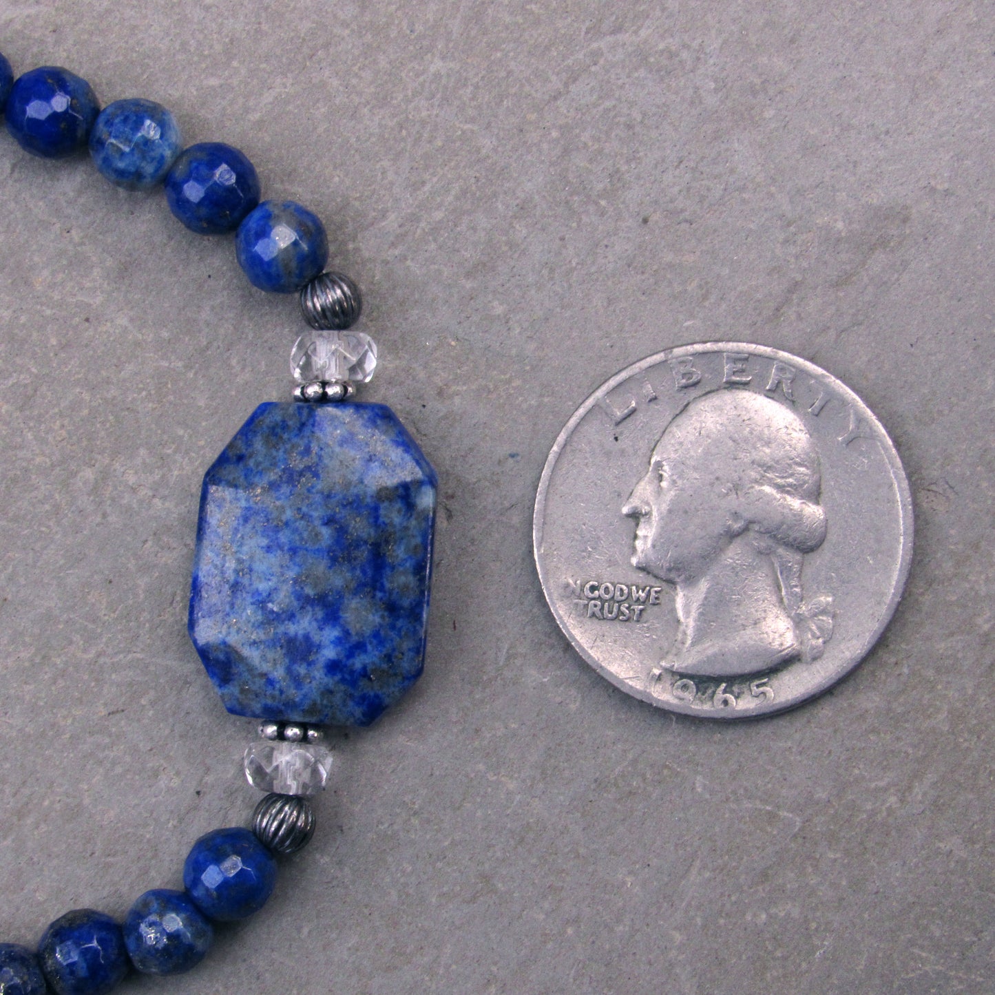 Lapis Lazuli gemstone, Clear Quartz, and Oxidized Sterling Silver Stretch Bracelet