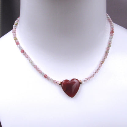 Red Agate Gemstone Heart, Cherry Quartz , 14 kt Rose Gold Fill Necklace