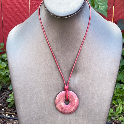 Rhodonite gemstone Donut Leather Necklace