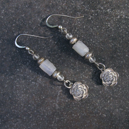 Moonstone and White Topaz gemstone Sterling silver flowers, drop earrings