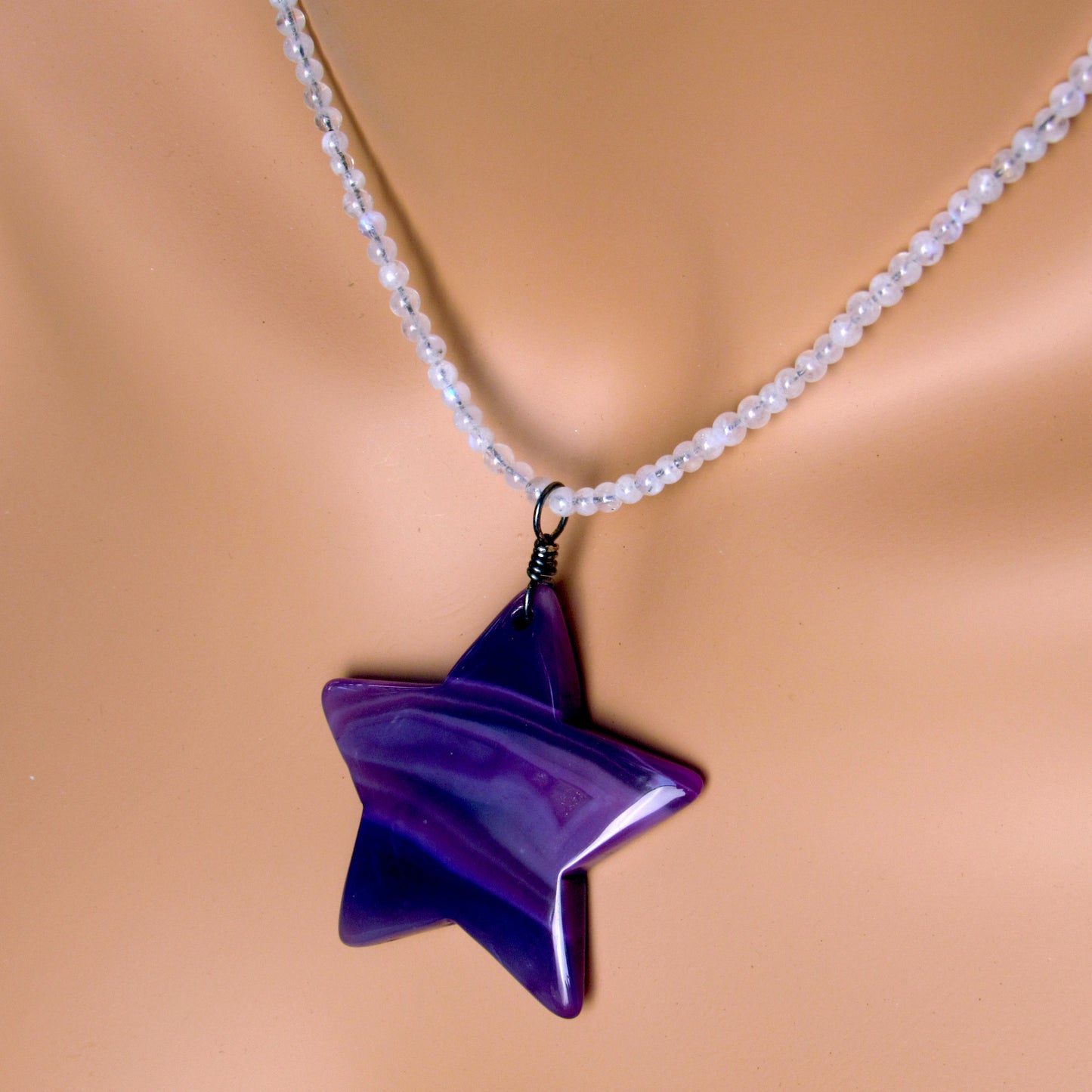 Purple Onyx Agate Star on Moonstone Beaded Necklace with Oxidized Sterling Silver