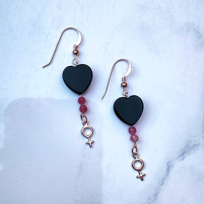 Black Onyx hearts and Pink Tourmaline with Sterling Silver Drop Earrings
