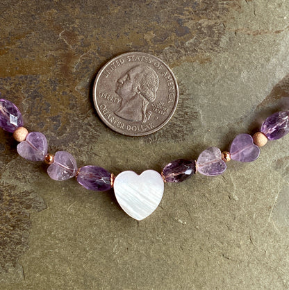 Women’s mother of pearl heart, amethyst, 14 kt rose gold fill necklace