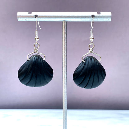 Matte Onyx gemstone carved Shells with Sterling Silver Earrings