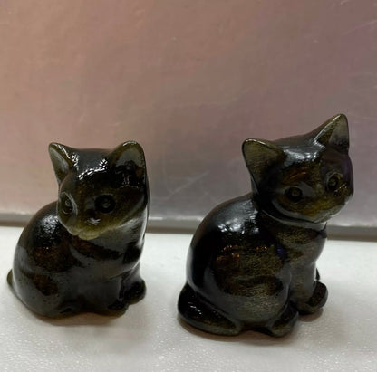 Natural Gold Obsidian gemstone Carved Crystal Kitty Figurine