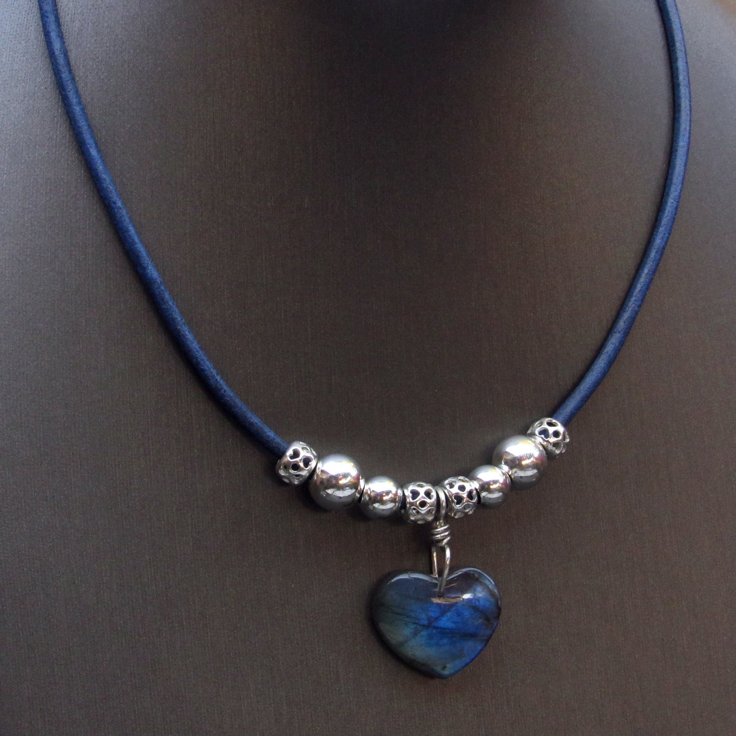 Labradorite gemstone Heart , Sterling Silver, on Leather Necklace