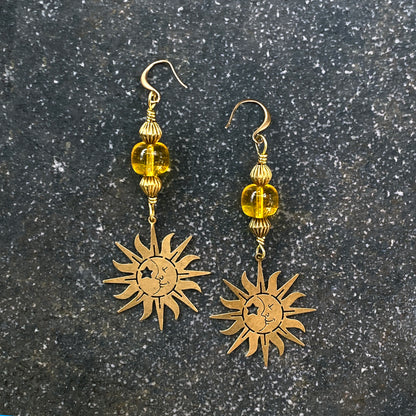 Citrine gemstone sun and Brass Earrings