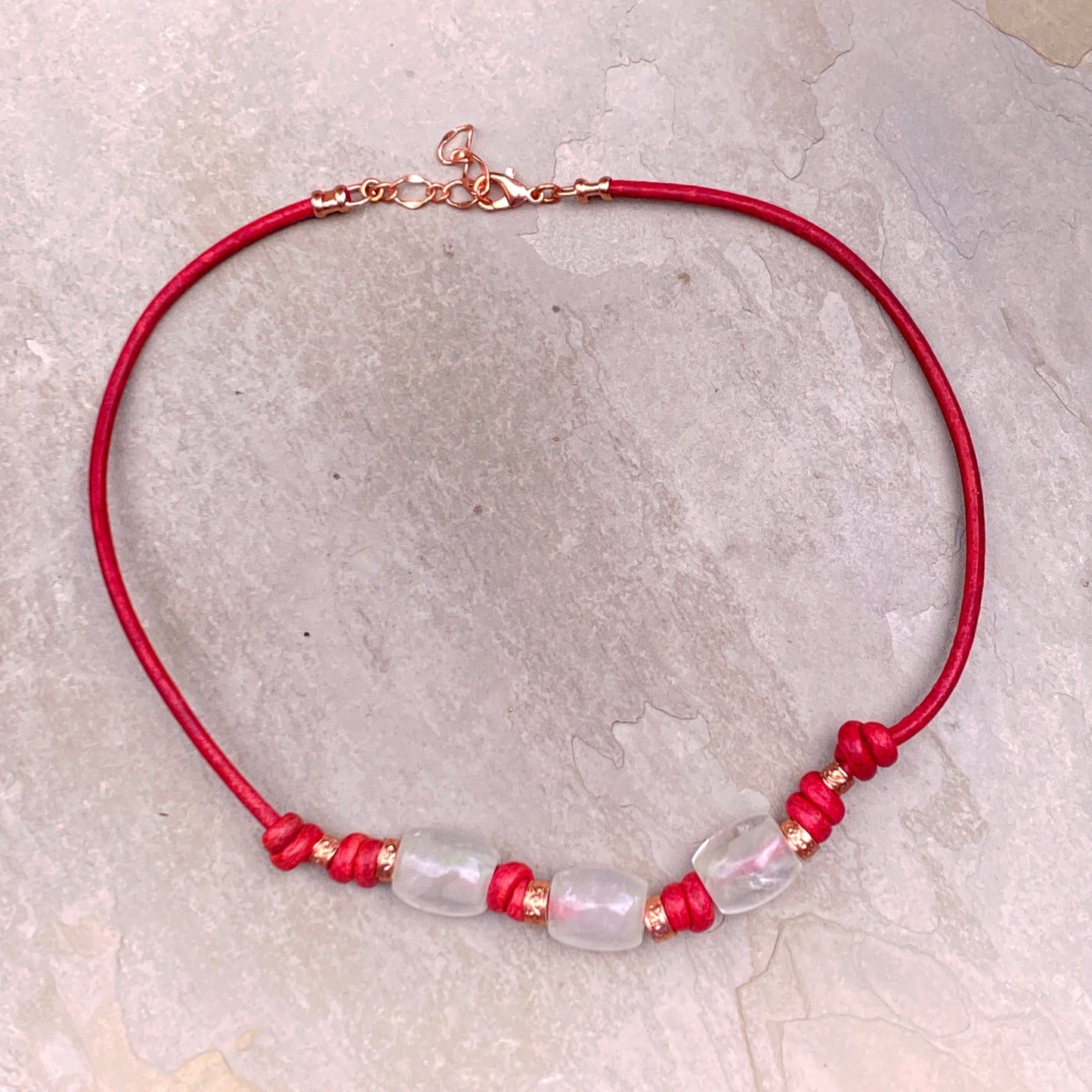 Quartz Gemstone and Copper on Red Leather Necklace
