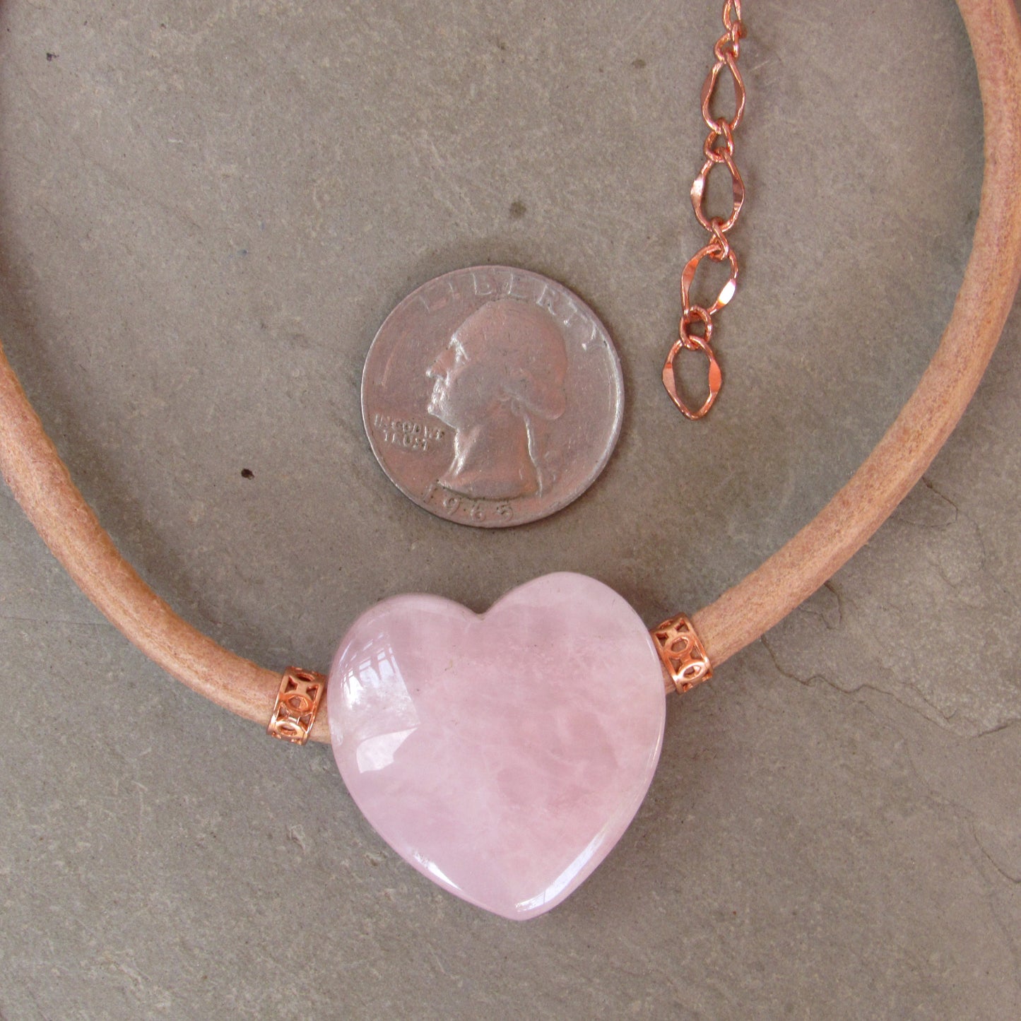 Rose Quartz gemstone heart and Copper on Natural Leather