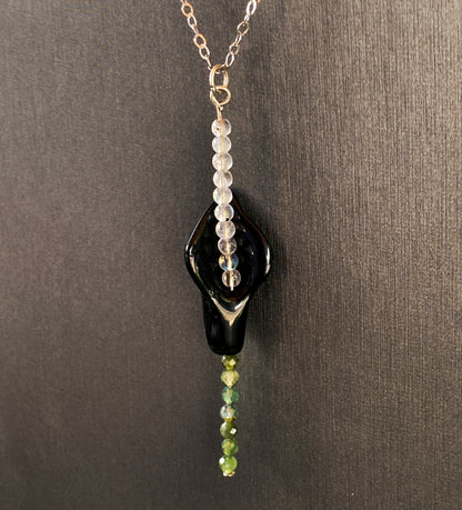 Black agate Calla Lily with moonstone and green tourmaline sterling silver