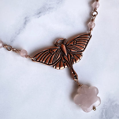 Rose Quartz gemstone with pewter and copper Lunar Moth pendant necklace