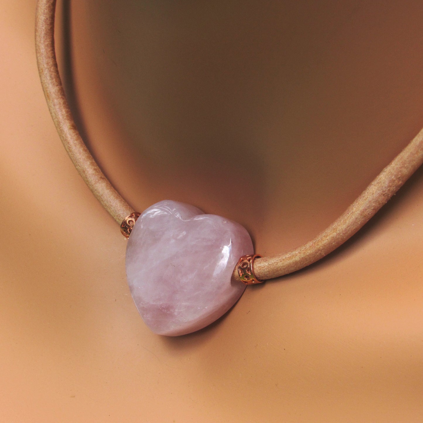 Rose Quartz gemstone heart and Copper on Natural Leather