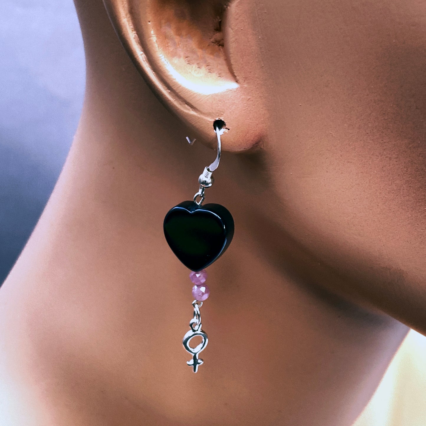 Black Onyx hearts and Pink Tourmaline with Sterling Silver Drop Earrings