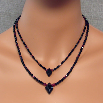 Layered Onyx Gemstone, Black Agate, Red Garnets, Rubies, Red Jade with Sterling Silver Necklace