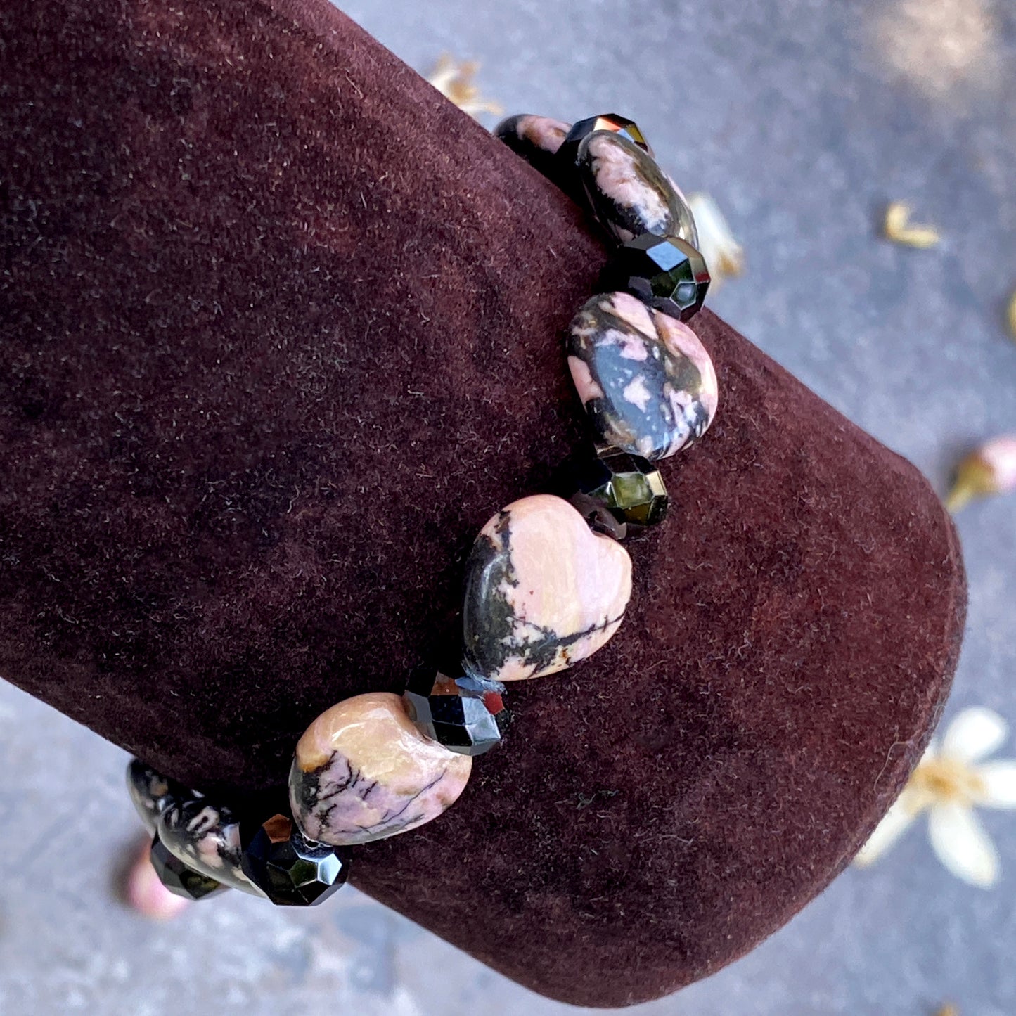 Rhodonite Gemstone Hearts and black Spinel Bracelet