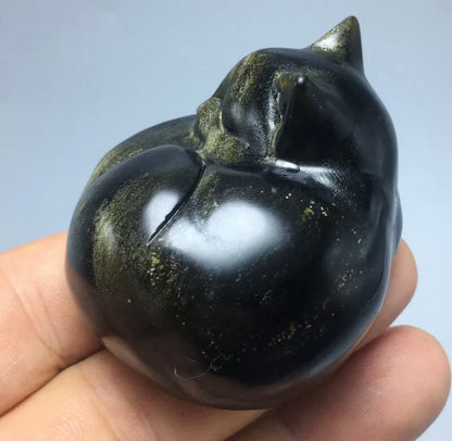 Natural Gold Obsidian Carved Crystal Kitty Figurine