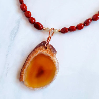 Red Agate Pendant hand Wrapped with Copper on Red Jasper, Rutilated Gold, Copper Necklace
