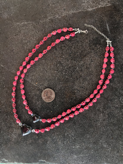 Pink Skulls and Hematite Gemstone Double Necklace