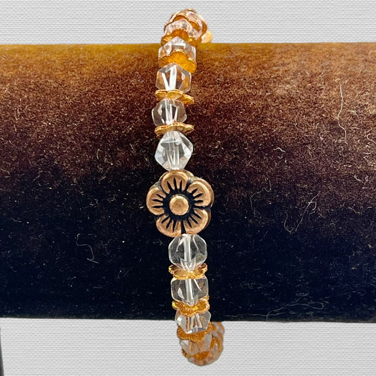 Quartz gemstone and Copper Flower Beaded Stretch Bracelet
