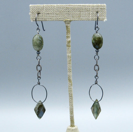 Labradorite and Oxidized Sterling Silver Chain Drop Earrings