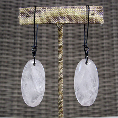 Light Rose Quartz and Hand Wrapped Oxidized Sterling Silver Drop Earrings