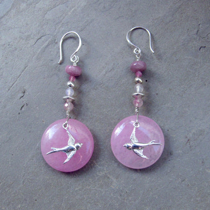 Pink Jade, Pink Tourmaline & Rose Quartz Gemstone Bird Earrings