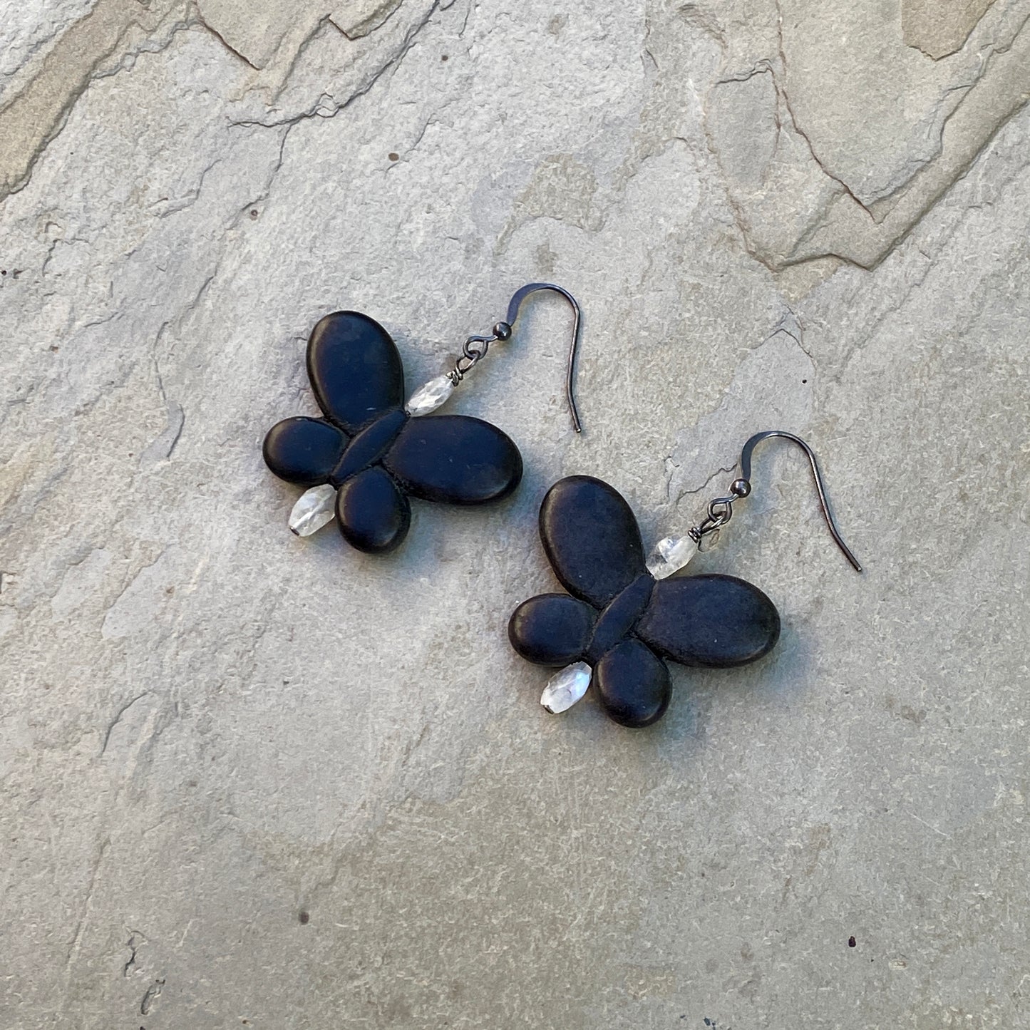Howlite Butterflies, Blue Flashy Moonstones, Oxidized Sterling Silver Earrings