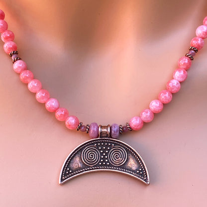 Pink Angelite and Pink Tourmaline gemstone and copper Moon pendant necklace