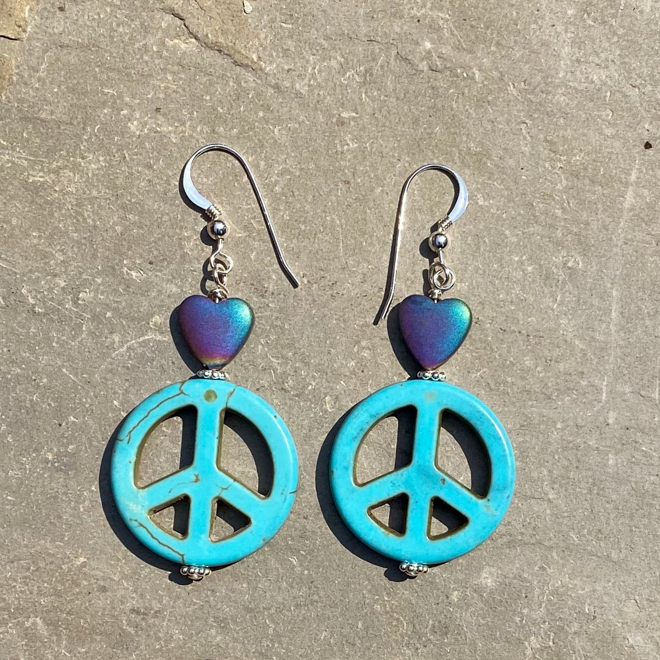 Howlite Peace Sign w/ Hematite Heart Drop Earrings in Choice of colors