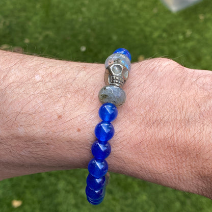 Men’s Blue onyx, pyrite skulls, and labradorite gemstone stretch bracelet