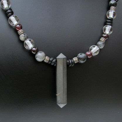 Pyrite, Garnet, Clear Quartz, Black Labradorite gemstones with Sterling Silver on Leather