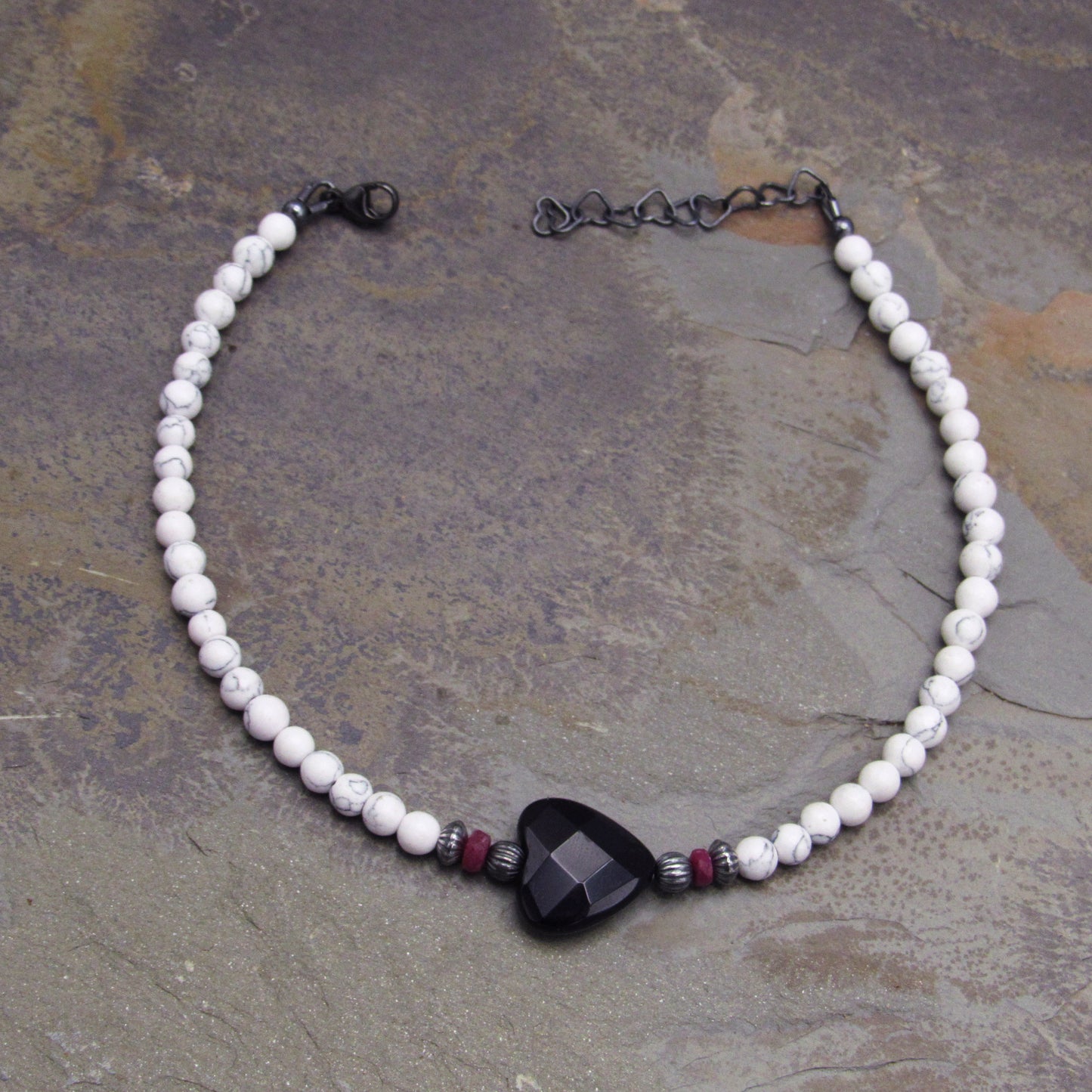 White Turquoise anklet with Onyx Heart, Rubies, and Oxidized Sterling Silver