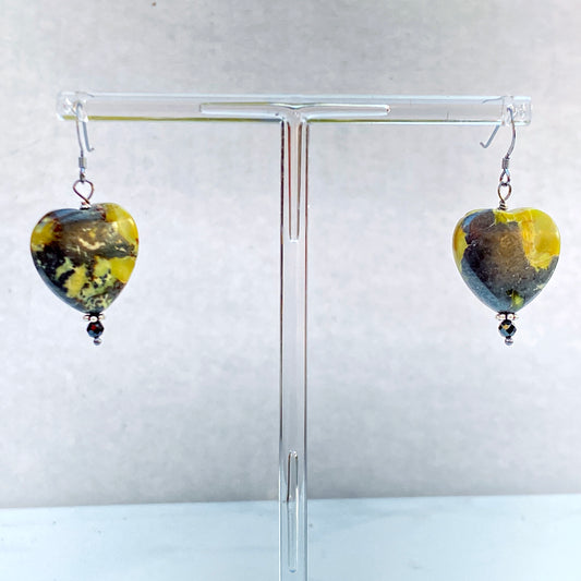 Yellow Turquoise Gemstone Hearts and Oxidized Sterling Silver Drop Earrings