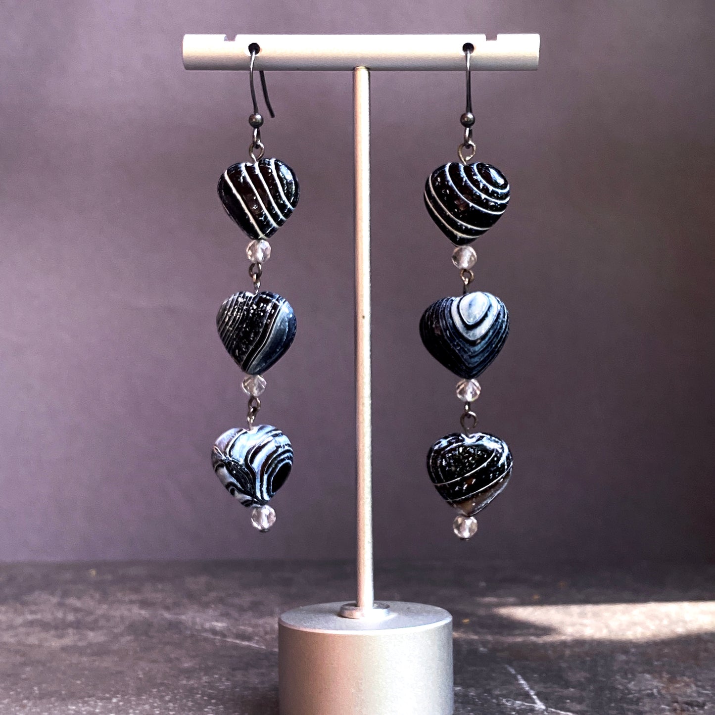 Zebra Fire Agate Heart, White Topaz Gemstones and Oxidized sterling earrings