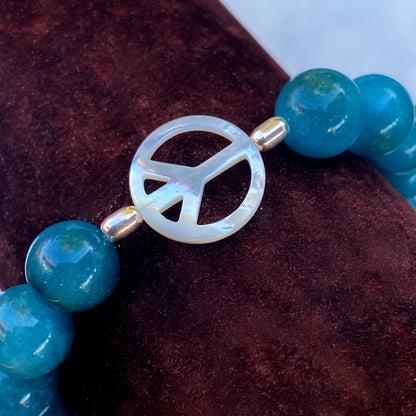 Chunky blue Apatite gemstone, Mother of Pearl, & Sterling Silver Peace Sign Bracelet