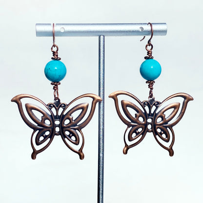 Natural Turquoise gemstone with Copper Butterfly Dangle Earrings